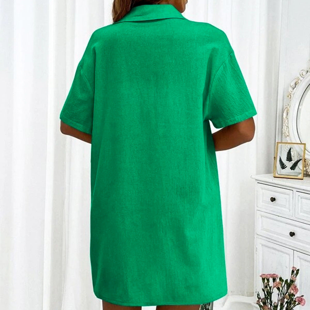 Damen lässige Kurzarmbluse mit Knopfleiste und Brusttasche Fudus