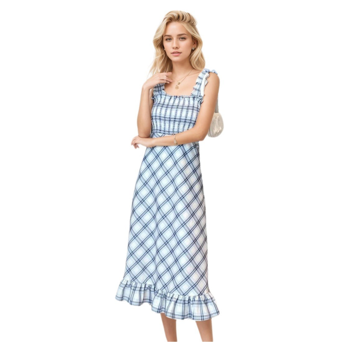 Damen Maxikleid mit Rüschendetails und kariertem Muster Fudus