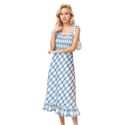 Damen Maxikleid mit Rüschendetails und kariertem Muster Fudus