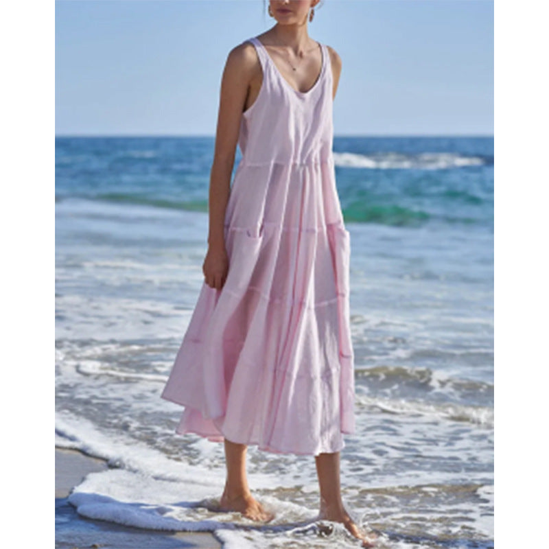 Damen Midikleid mit lässigem V-Ausschnitt und praktischen Taschen Fudus