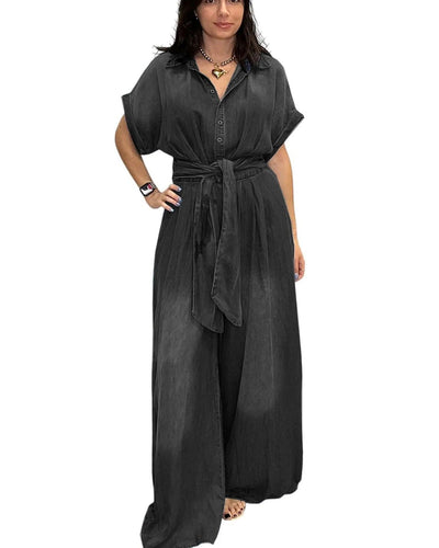 Damen lässiger Denim-Overall mit weitem Bein und praktischen Taschen Fudus