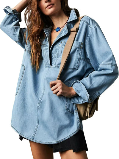 Damen lässige Overshirt aus hochwertigem Denim mit strukturiertem Design Fudus