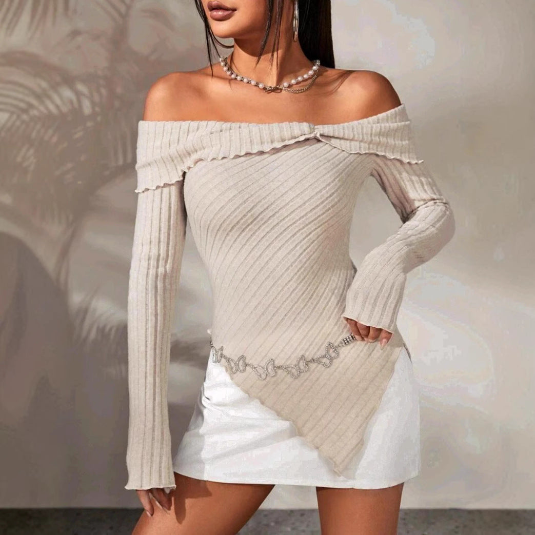 Damen Off-Shoulder Strickoberteil mit Rippstruktur und dekorativem Bund Fudus