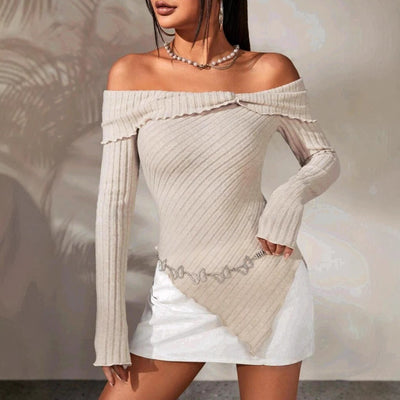 Damen Off-Shoulder Strickoberteil mit Rippstruktur und dekorativem Bund Fudus