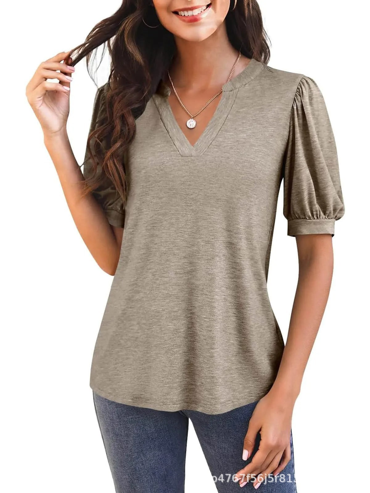 Damen T-Shirt mit V-Ausschnitt und Puffärmeln Fudus