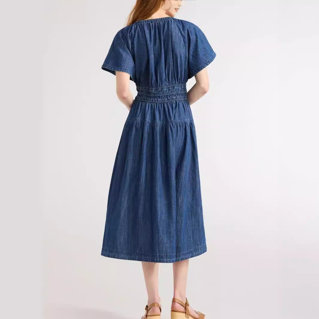 Damen lässiges Denim-Kleid mit elastischem Taillenbund Fudus