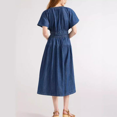 Damen lässiges Denim-Kleid mit elastischem Taillenbund Fudus
