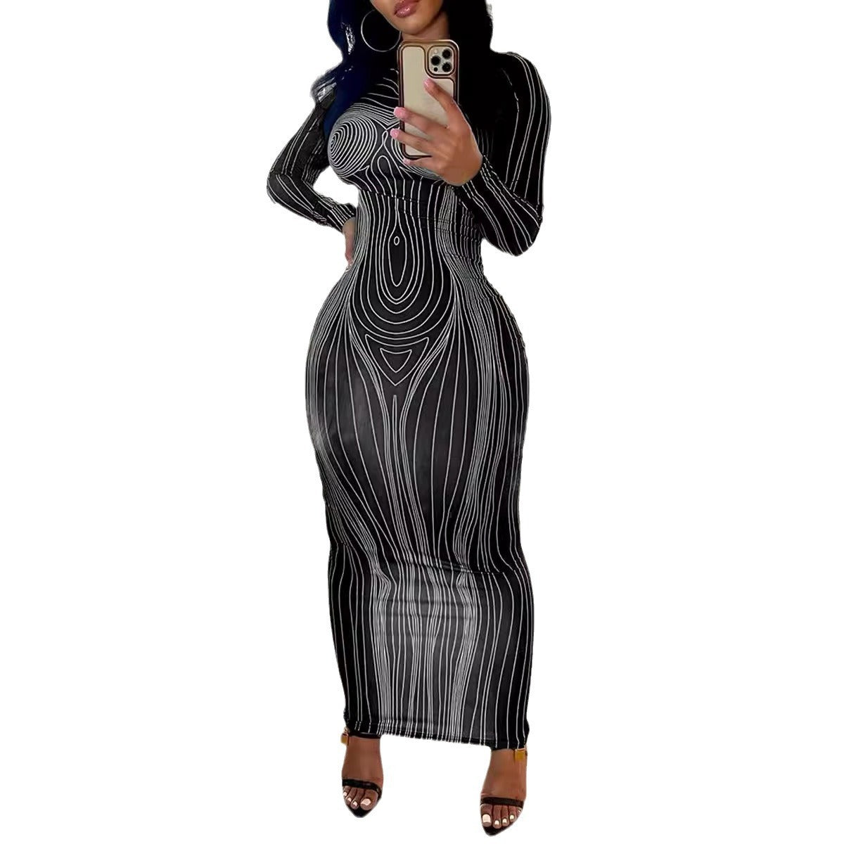 Damen Langärmliges Maxikleid mit strukturiertem Linienmuster und figurbetonendem Schnitt Fudus