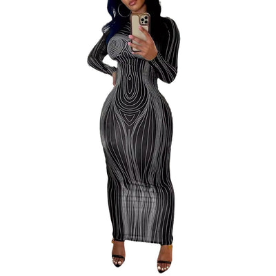 Damen Langärmliges Maxikleid mit strukturiertem Linienmuster und figurbetonendem Schnitt Fudus