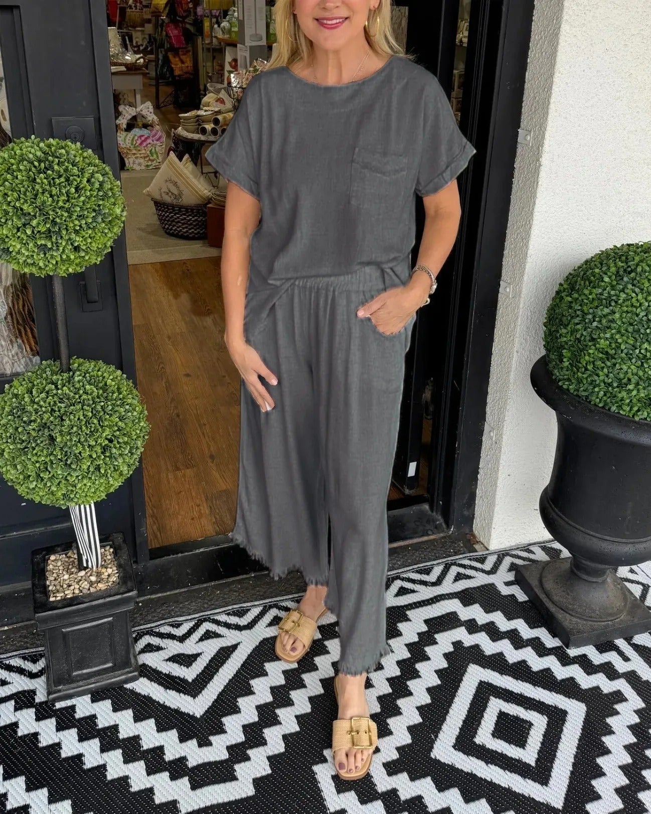 Damen Lässiger Jumpsuit mit seitlichem Puffärmel und elastischem Taillenbund Fudus