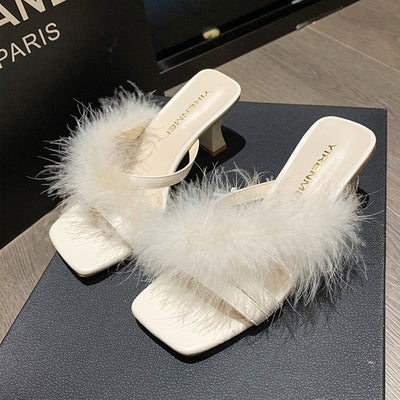 Damen elegante Sandalen mit flauschigen Plüschriemen und blockartigen Absätzen Fudus