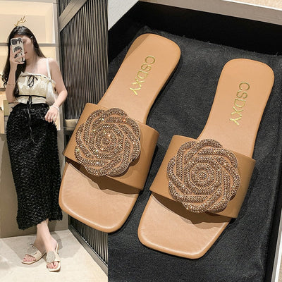 Damen Flache Sandalen mit eleganter Blütenapplikation und rutschfester Sohle Fudus