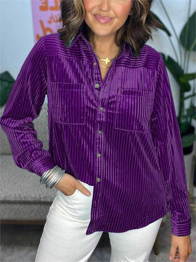 Damen Velours Hemd mit feinen Streifen und praktischen Taschen Fudus