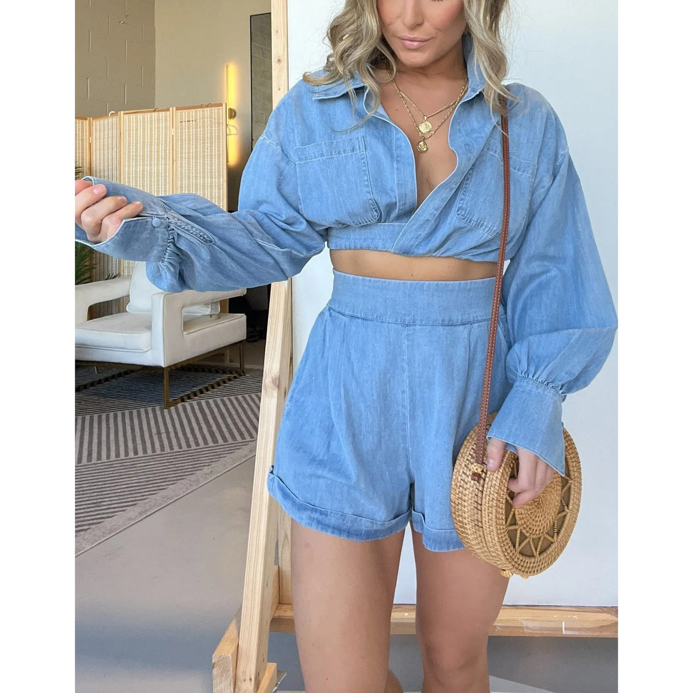 Damen lässiges Denim-Set mit cropped Bluse und lockerer Shorts Fudus