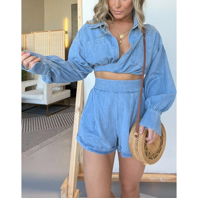 Damen lässiges Denim-Set mit cropped Bluse und lockerer Shorts Fudus