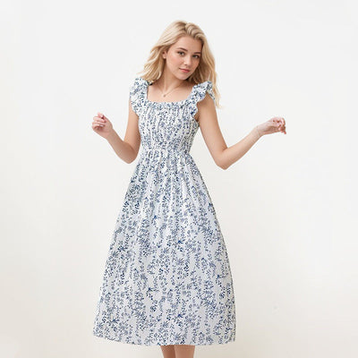 Damen Midi-Kleid mit Rüschendetails und elastischem Taillenbund Fudus