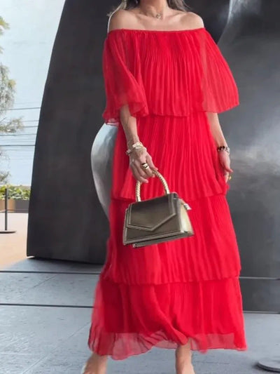 Damen Off-Shoulder Maxikleid mit plissierten Details Fudus