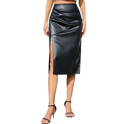 Damen Bleistiftrock aus veganem Leder mit hohem Schlitz und tailliertem Design Fudus