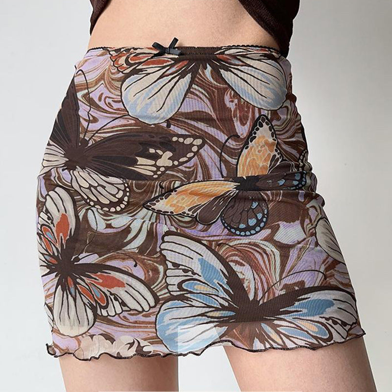 Damen Minirock mit floralem Schmetterlingsmuster und elastischem Bund Fudus