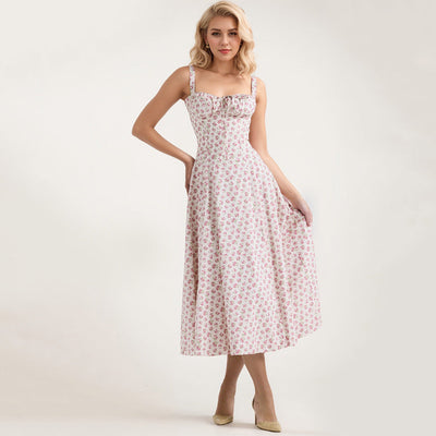 Damen Midikleid mit floralen Mustern und dekorativen Rüschen Fudus