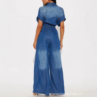 Damen lässiger Denim-Overall mit weitem Bein und praktischen Taschen Fudus