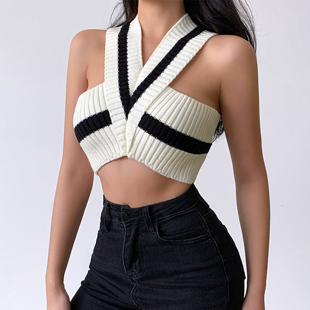 Damen Cropped Top mit V-Ausschnitt und Strukturmuster Fudus