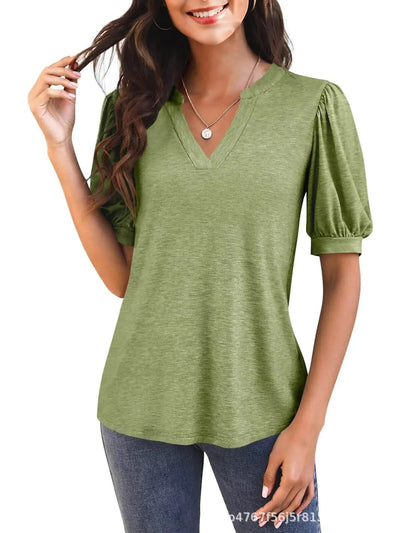 Damen T-Shirt mit V-Ausschnitt und Puffärmeln Fudus