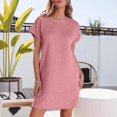 Damen lässiges Kurzarm-Kleid mit eingewebtem Texturmuster und praktischen Taschen Fudus