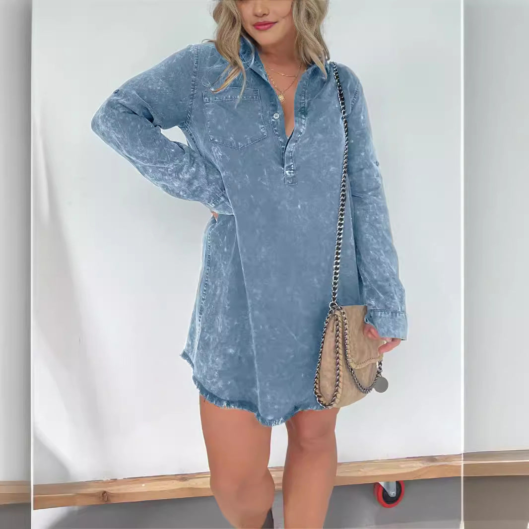 Damen Denim-Langarmkleid mit strukturiertem Samt-Design und knöpfbarer Leiste Fudus