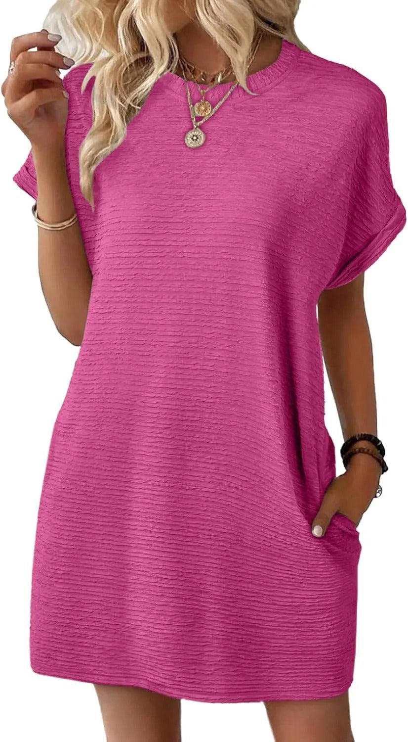 Damen lässiges Kurzarm-Kleid mit eingewebtem Texturmuster und praktischen Taschen Fudus
