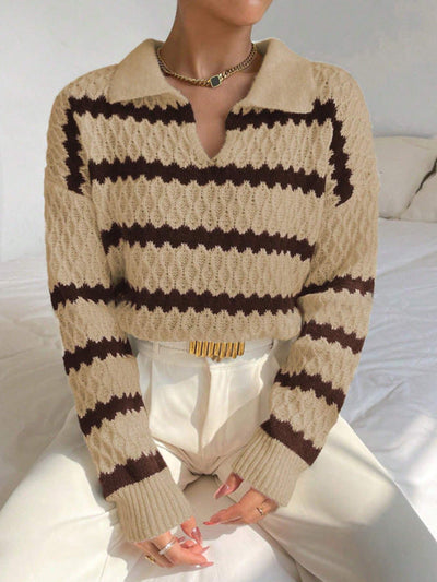 Strickpullover mit Kragen | Strukturmuster | Gestreifter Look
