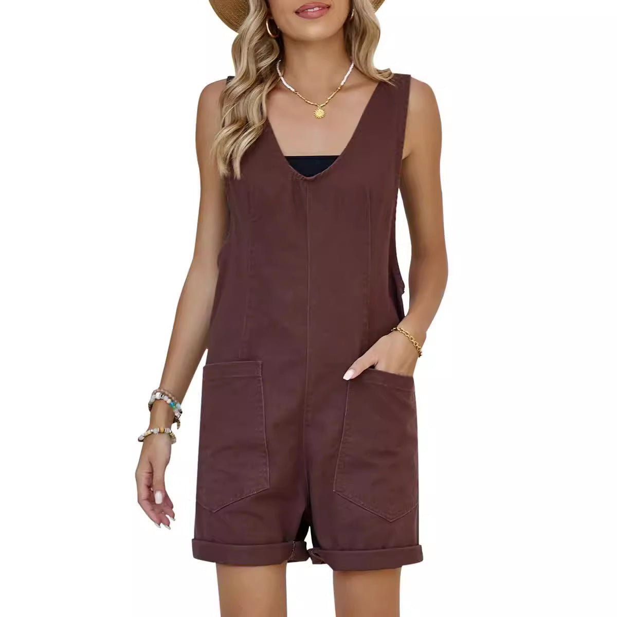 Damen lässiger Denim-Overall mit tiefem V-Ausschnitt und praktischen Taschen Fudus