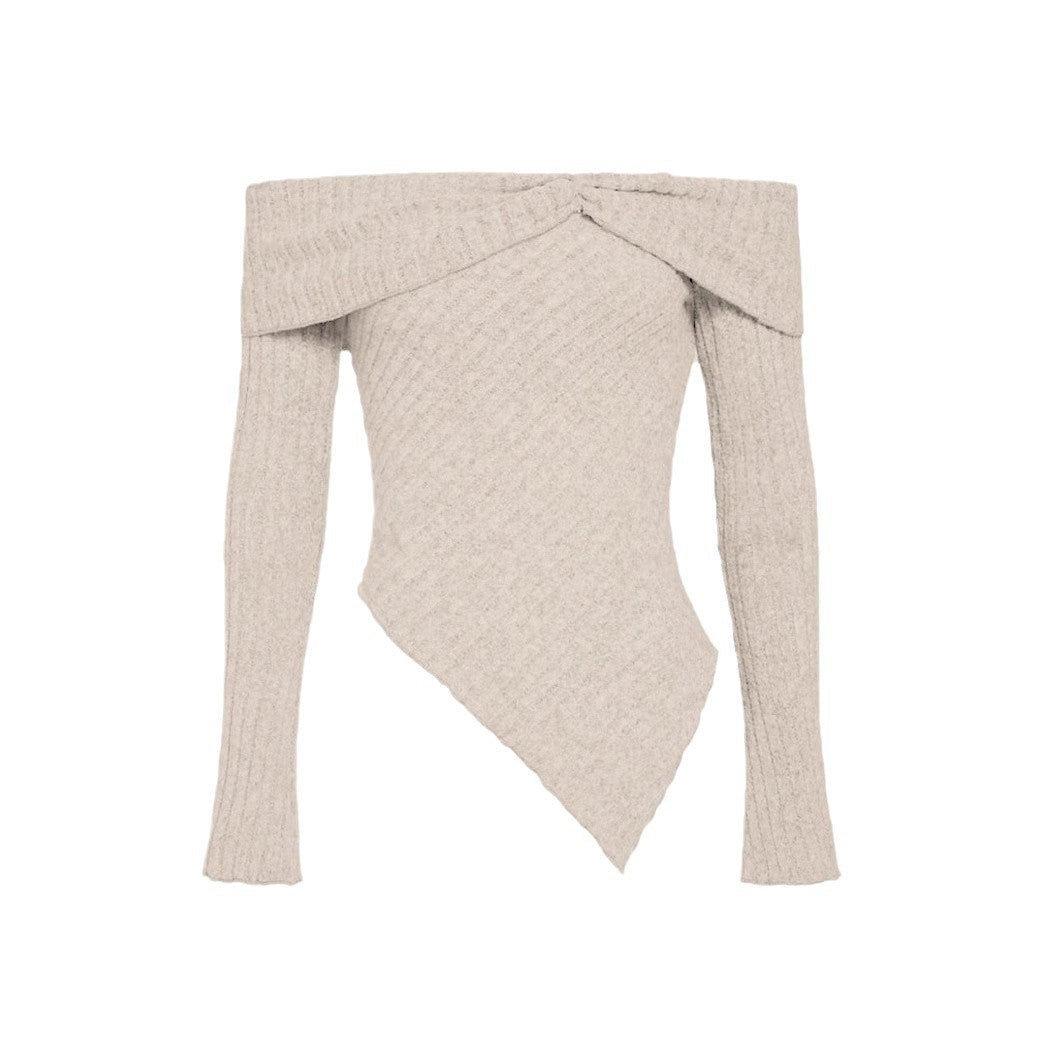 Damen Off-Shoulder Strickoberteil mit Rippstruktur und dekorativem Bund Fudus