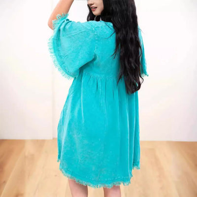 Damen Sommerkleid mit eleganter Knopfleiste und fransigem Saum Fudus