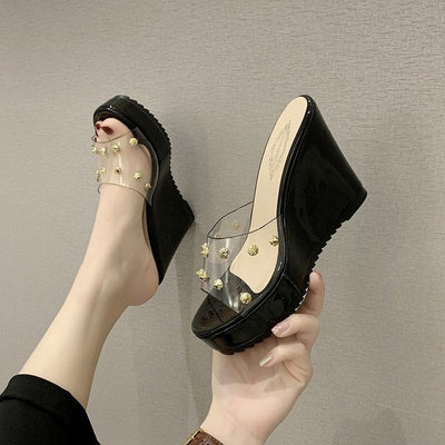 Damen Wedge-Sandalen mit transparentem Obermaterial und dekorativen Schmucksteinen Fudus