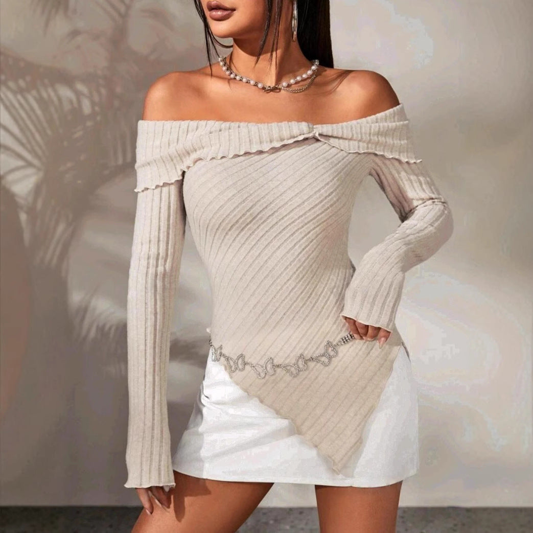 Damen Off-Shoulder Strickoberteil mit Rippstruktur und dekorativem Bund Fudus