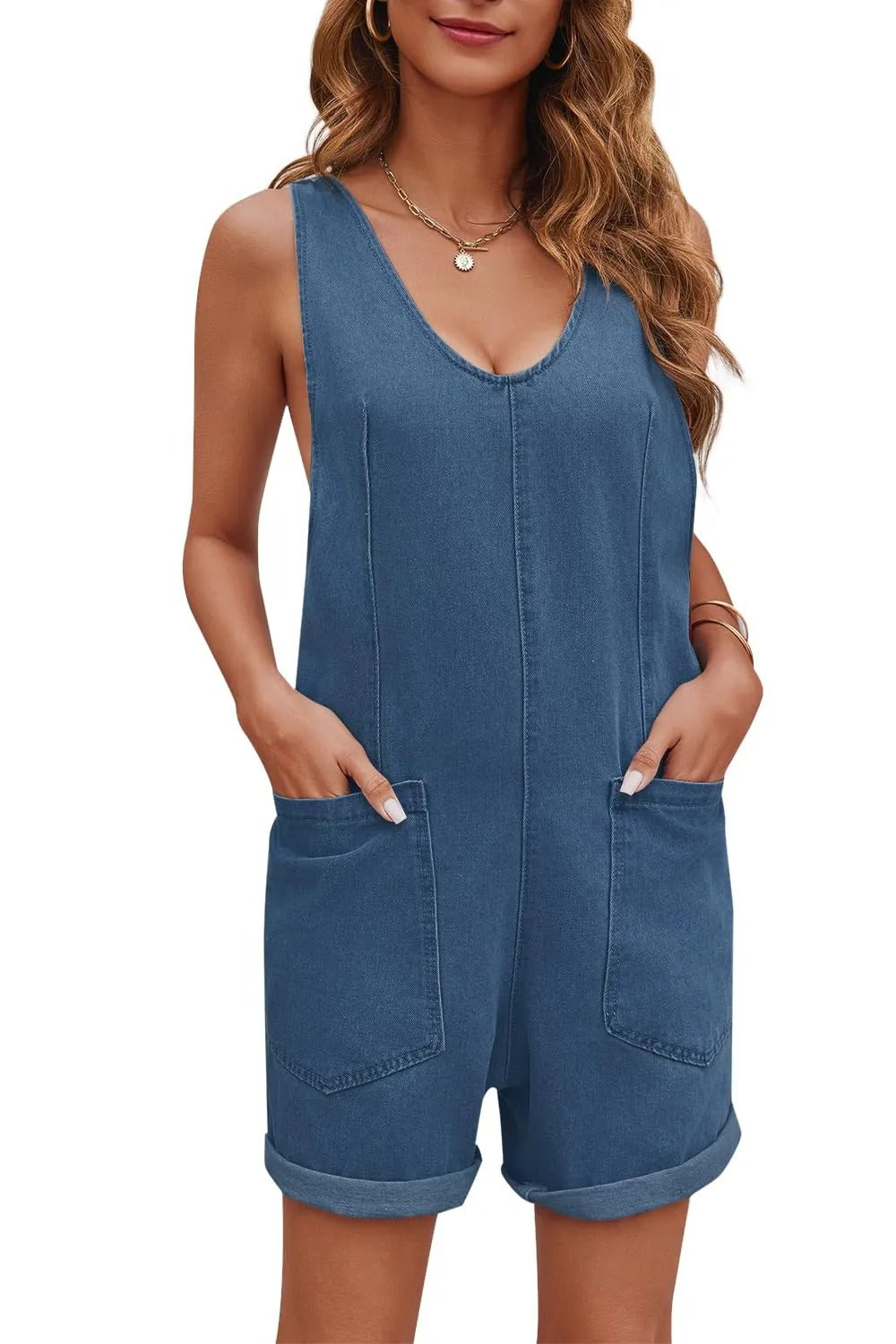 Damen lässiger Denim-Overall mit tiefem V-Ausschnitt und praktischen Taschen Fudus