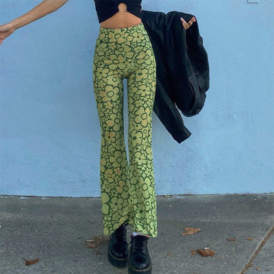 Damen Flared Jeans mit floralem Muster und hohem Bund Fudus