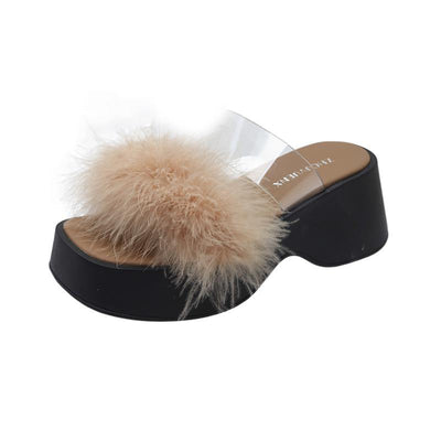 Damen modische Plattform-Pantoletten mit Federdetails und transparentem Riemen Fudus