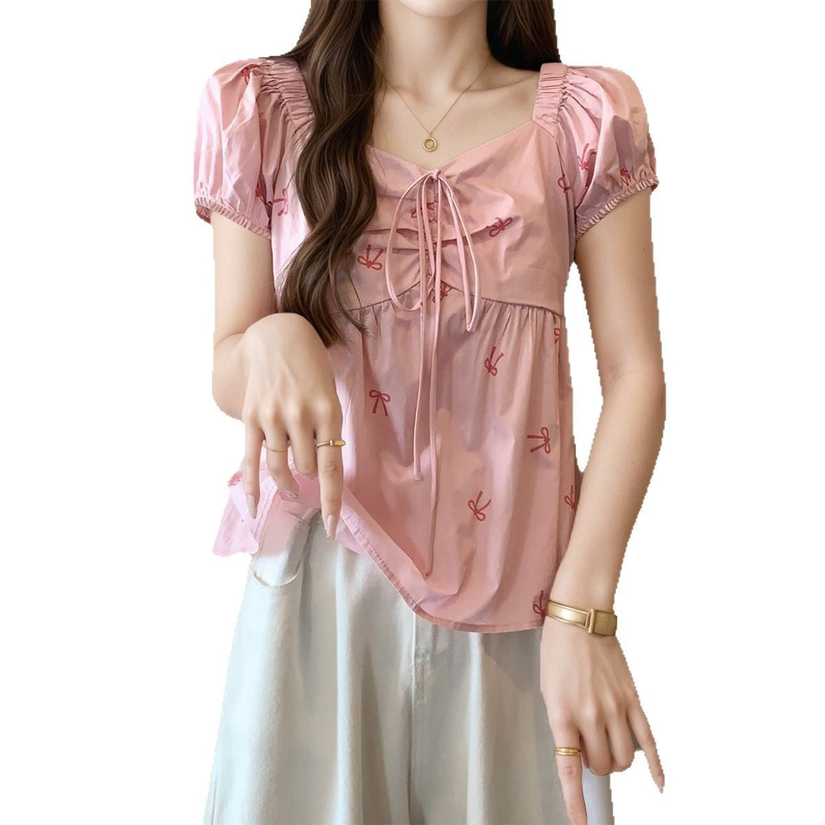 Damen lässiges Oberteil mit Puffärmeln und eleganten Rüschendetails Fudus