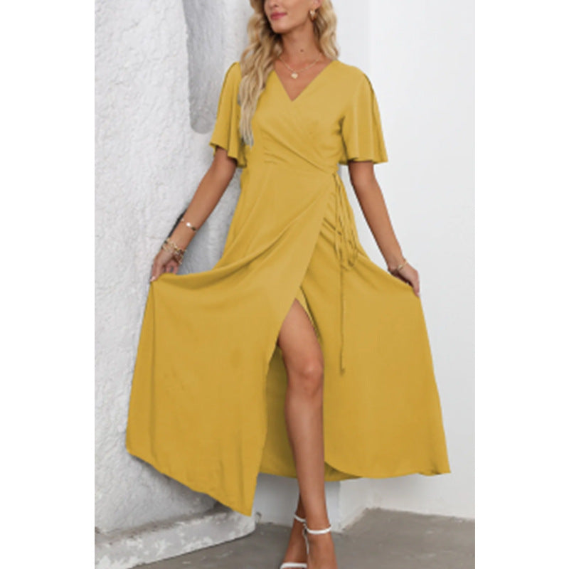 Damen Maxikleid mit elegantem V-Ausschnitt und seitlichem Schlitz Fudus