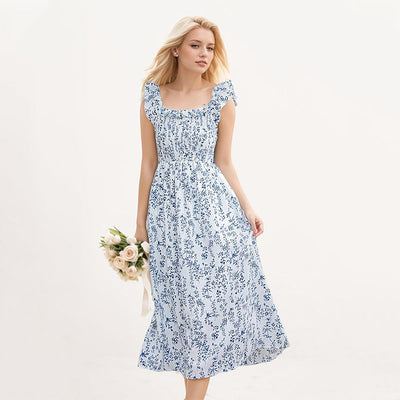 Damen Midi-Kleid mit Rüschendetails und elastischem Taillenbund Fudus