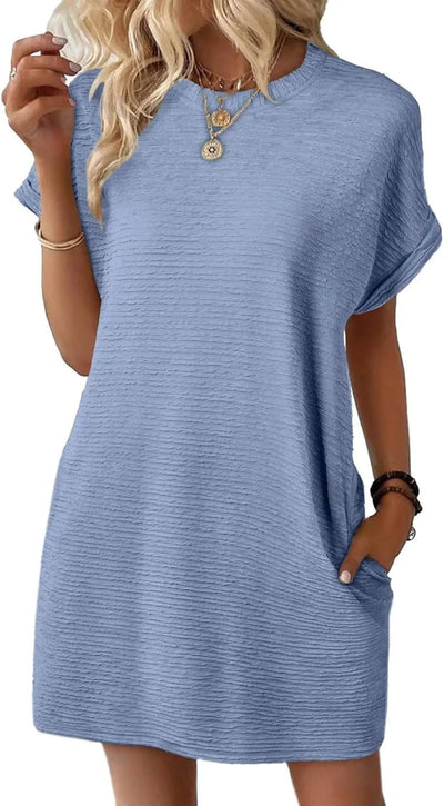 Damen lässiges Kurzarm-Kleid mit eingewebtem Texturmuster und praktischen Taschen Fudus