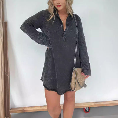 Damen Denim-Langarmkleid mit strukturiertem Samt-Design und knöpfbarer Leiste Fudus