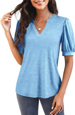 Damen T-Shirt mit V-Ausschnitt und Puffärmeln Fudus