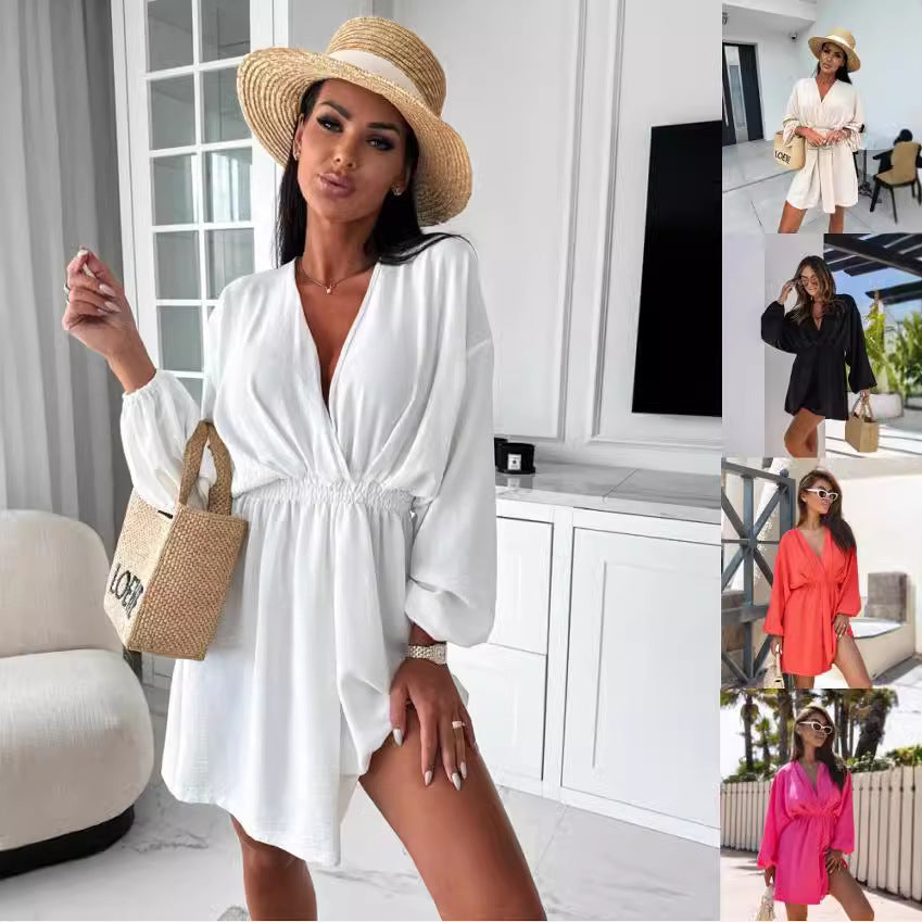 Damen lockeres Wickelkleid mit V-Ausschnitt und elastischem Bund Fudus