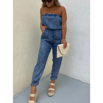 Damen Jumpsuit mit schulterfreier Silhouette und elastischem Bund Fudus