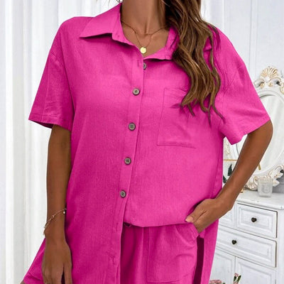 Damen lässige Kurzarmbluse mit Knopfleiste und Brusttasche Fudus