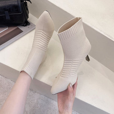 Damen Strick-Stiefeletten mit elegantem Fesselriemen und stylisiertem Blockabsatz Fudus