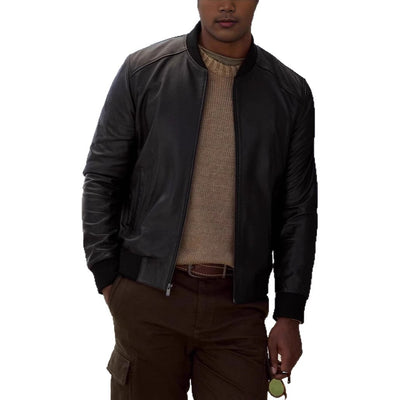 Herren elegante Lederjacke im Biker-Stil mit modischem Stehkragen Aliams